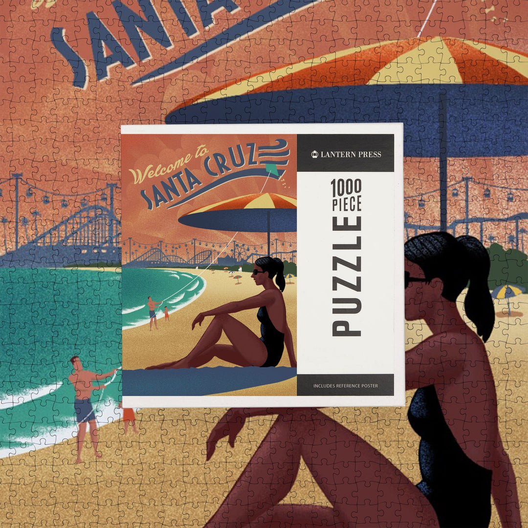 Santa Cruz, California, Beach Scene, Lithograph, Jigsaw Puzzle Puzzle Lantern Press 