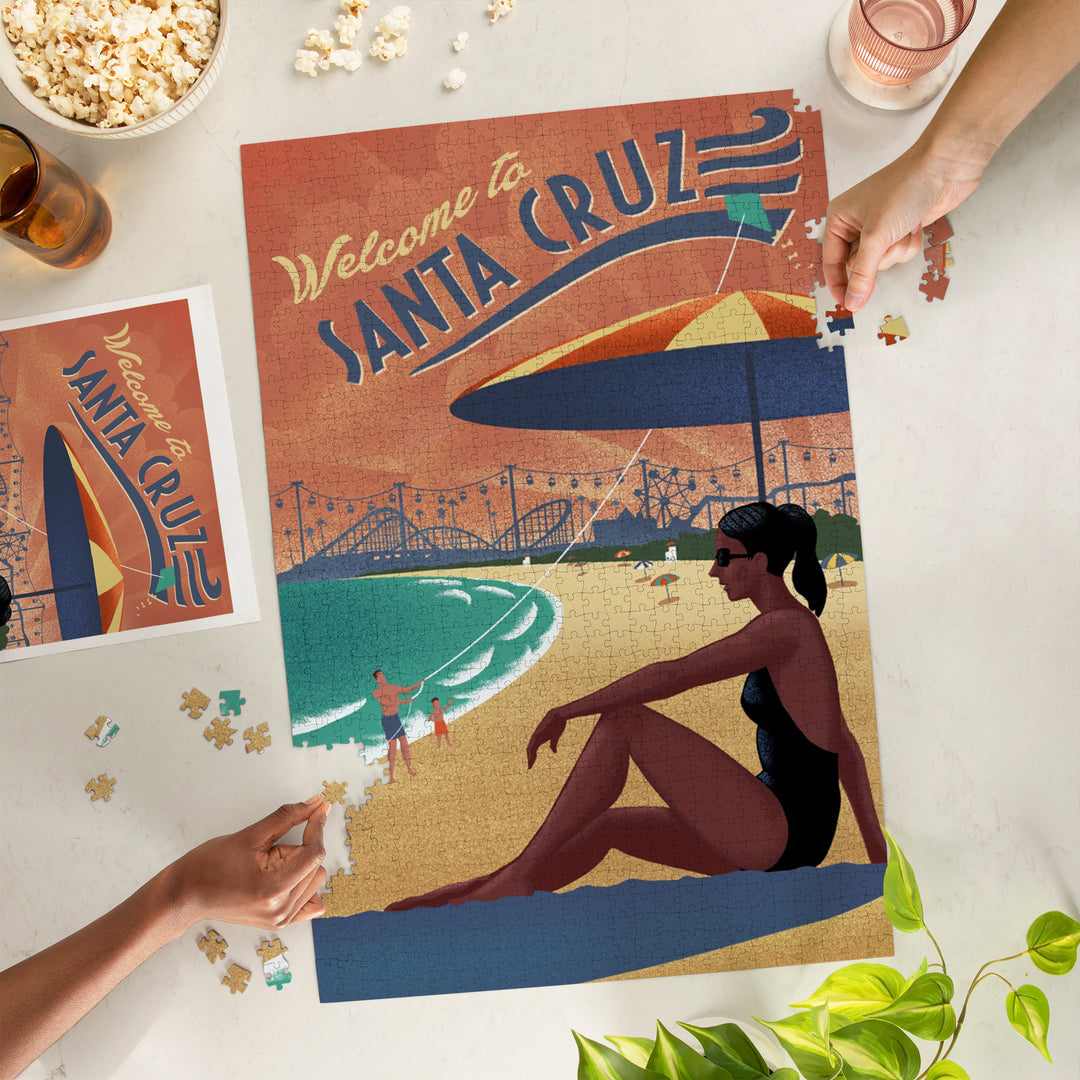 Santa Cruz, California, Beach Scene, Lithograph, Jigsaw Puzzle Puzzle Lantern Press 