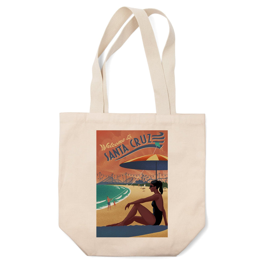 Santa Cruz, California, Beach Scene, Lithograph, Lantern Press Artwork, Tote Bag Totes Lantern Press 