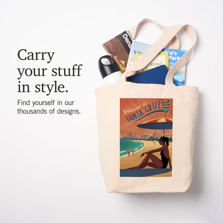 Santa Cruz, California, Beach Scene, Lithograph, Tote Bag Totes Lantern Press 