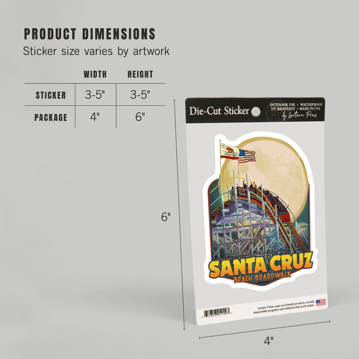 Santa Cruz, California, Big Dipper Coaster and Moon, Contour, Vinyl Sticker Sticker Lantern Press 