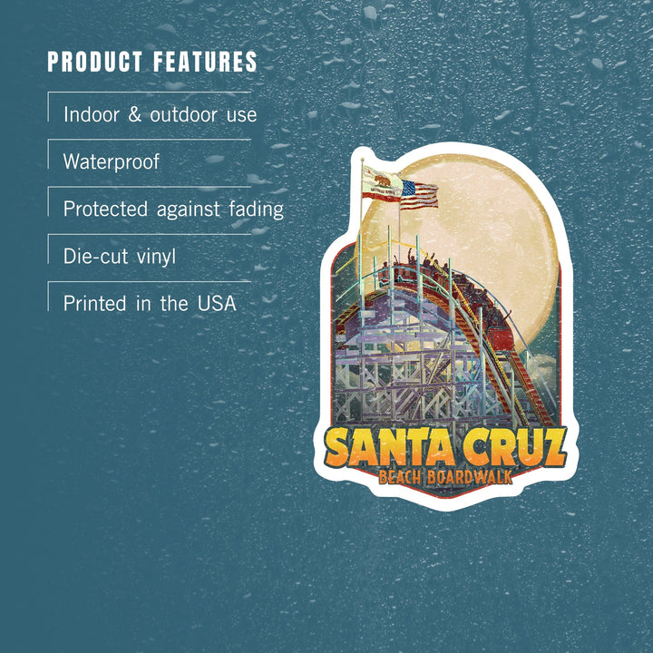 Santa Cruz, California, Big Dipper Coaster and Moon, Contour, Vinyl Sticker Sticker Lantern Press 