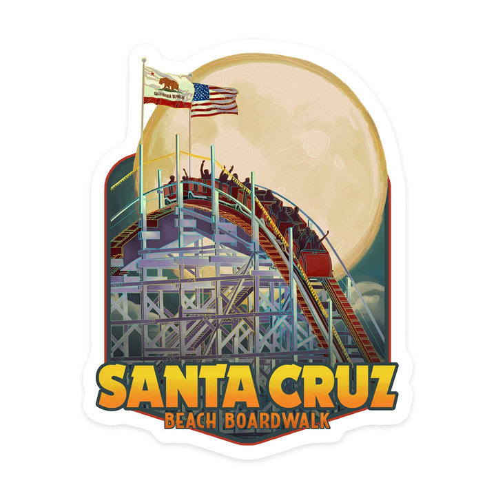 Santa Cruz, California, Big Dipper Coaster and Moon, Contour, Vinyl Sticker Sticker Lantern Press 