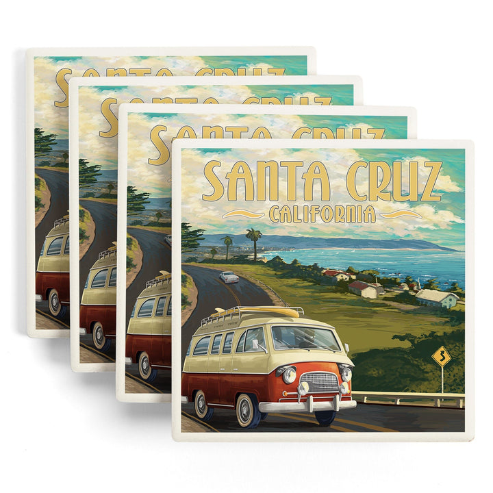 Santa Cruz, California, Camper Van, Lantern Press Artwork, Coaster Set Coasters Lantern Press 