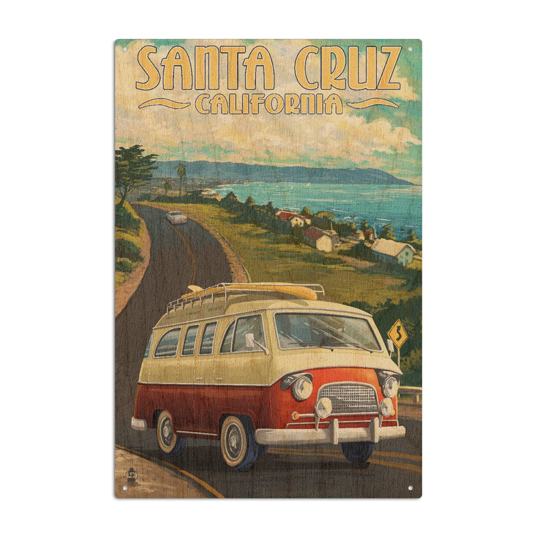 Santa Cruz, California, Camper Van, Lantern Press Artwork, Wood Signs and Postcards Wood Lantern Press 10 x 15 Wood Sign 