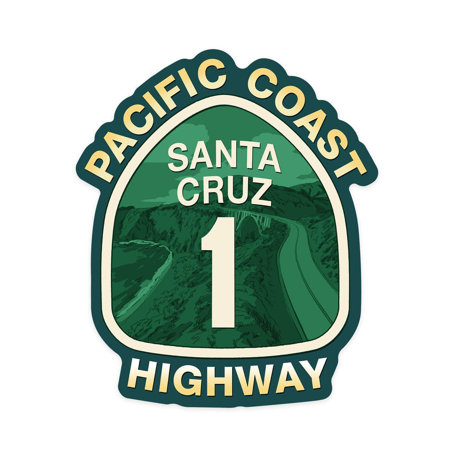 Santa Cruz, California, Coast Highway Sign, Contour, Lantern Press Artwork, Vinyl Sticker Sticker Lantern Press 