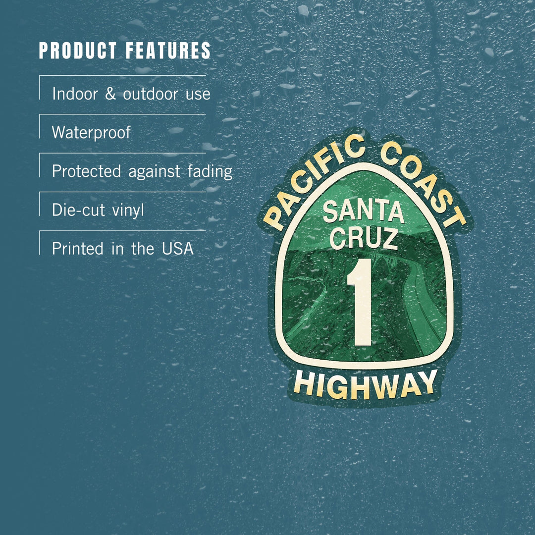 Santa Cruz, California, Coast Highway Sign, Contour, Lantern Press Artwork, Vinyl Sticker Sticker Lantern Press 