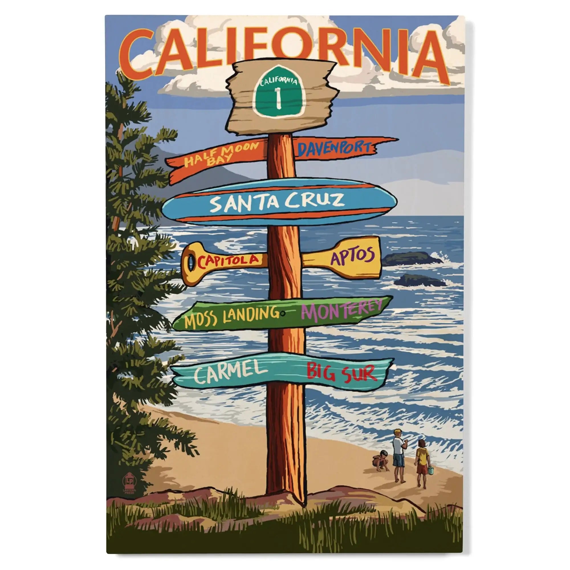 Santa Cruz, California, Destinations Sign, Lantern Press Artwork, Wood