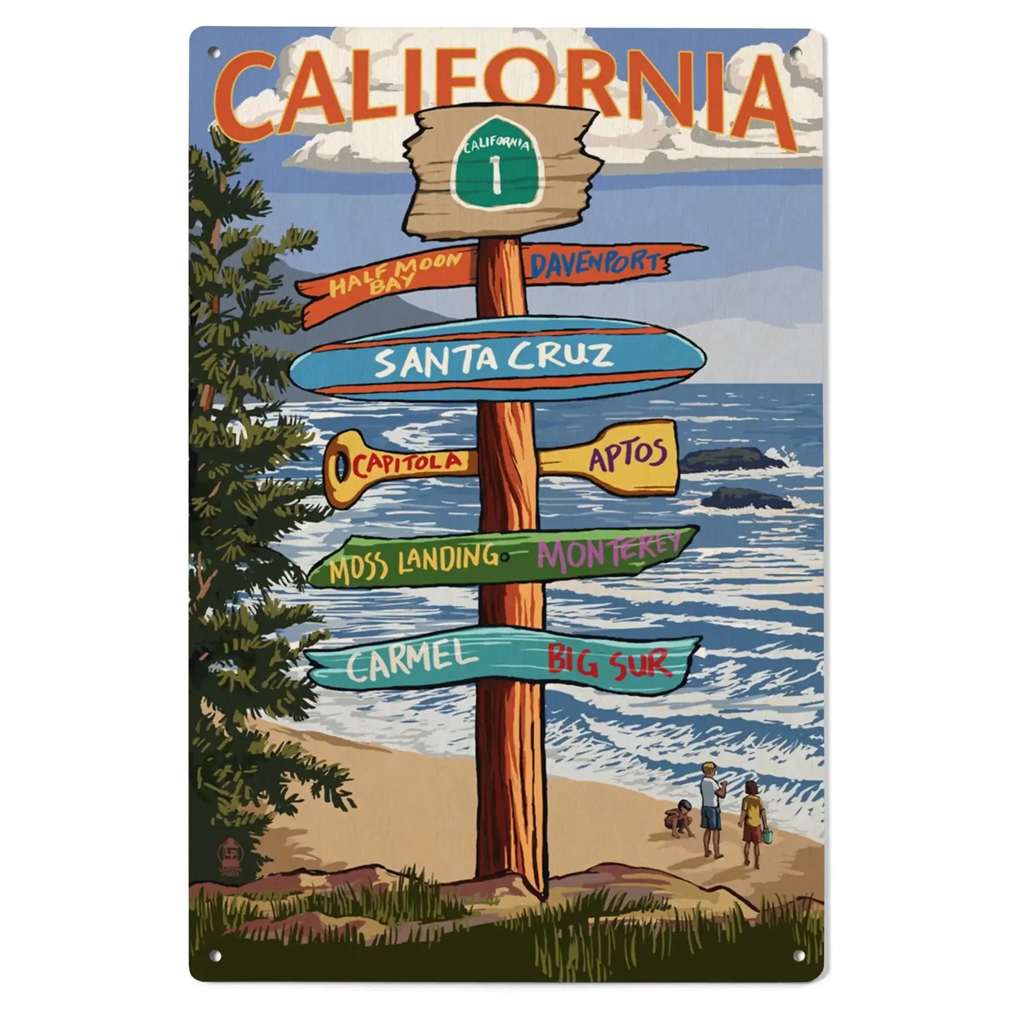 Santa Cruz, California, Destinations Sign, Lantern Press Artwork, Wood