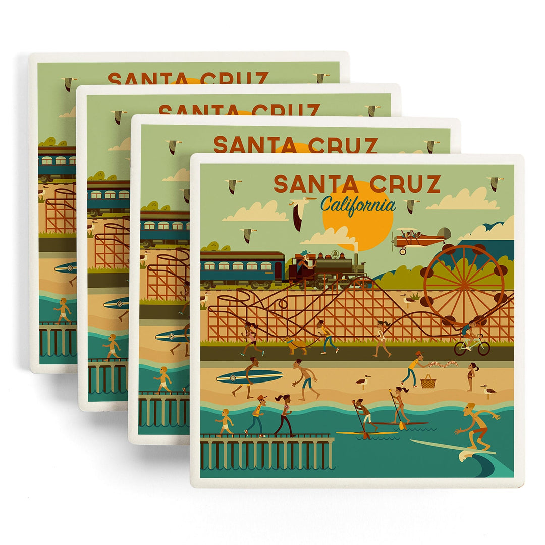 Santa Cruz, California, Geometric City Series, Lantern Press Artwork, Coaster Set Coasters Lantern Press 