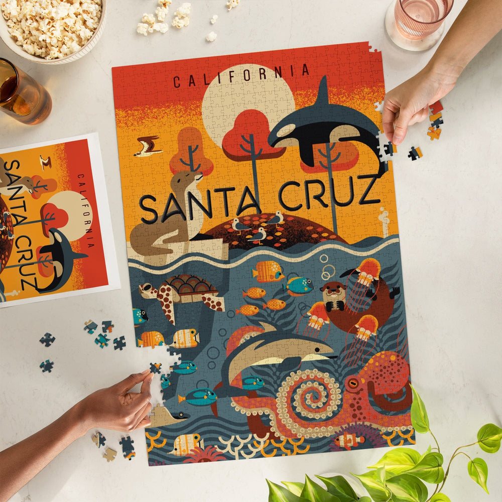 Santa Cruz, California, Geometric, Marine Animals, Jigsaw Puzzle Puzzle Lantern Press 