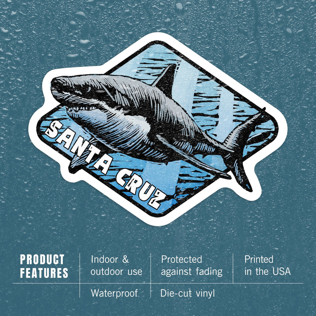 Santa Cruz, California, Great White Shark, Scratchboard, Contour, Lantern Press Artwork, Vinyl Sticker Sticker Lantern Press 