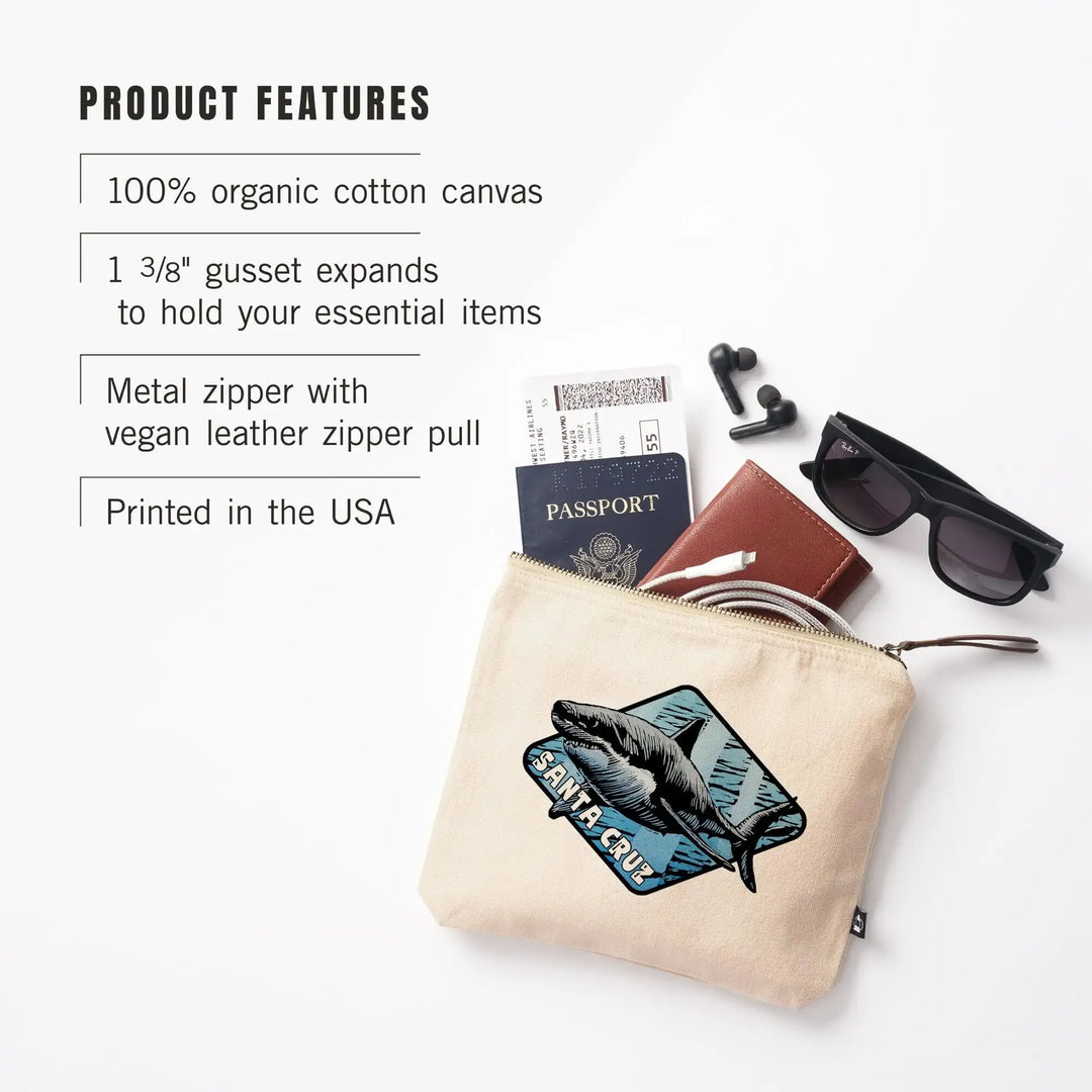 Santa Cruz, California, Great White Shark, Scratchboard,, Organic Cotton Zipper Pouch, Go Bag Go Bag Lantern Press 