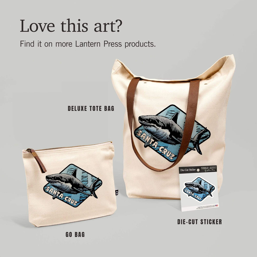 Santa Cruz, California, Great White Shark, Scratchboard,, Organic Cotton Zipper Pouch, Go Bag Go Bag Lantern Press 