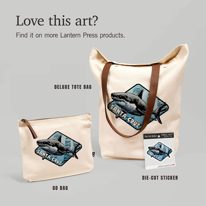 Santa Cruz, California, Great White Shark, Scratchboard,, Organic Cotton Zipper Pouch, Go Bag Go Bag Lantern Press 