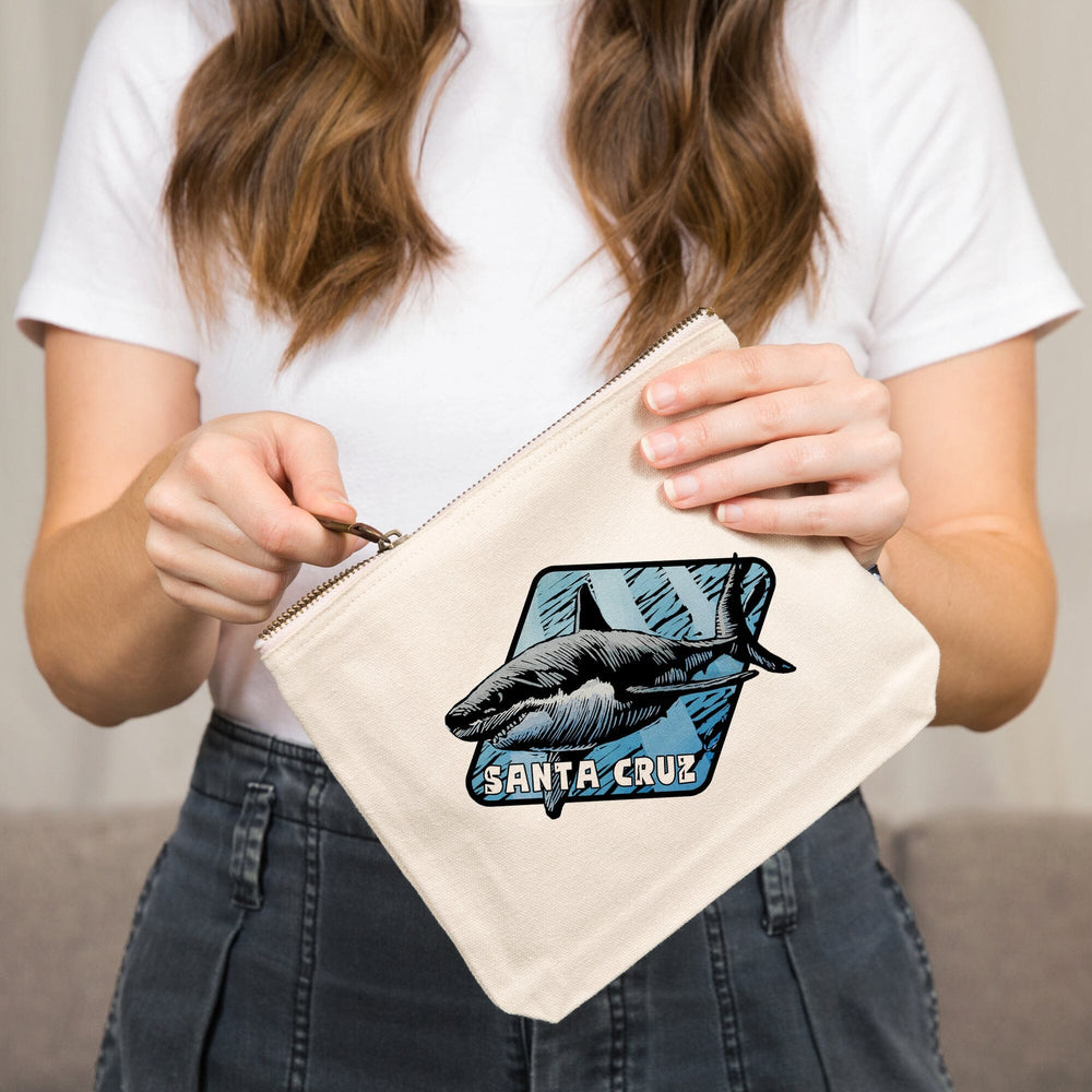 Santa Cruz, California, Great White Shark, Scratchboard,, Organic Cotton Zipper Pouch, Go Bag Go Bag Lantern Press 