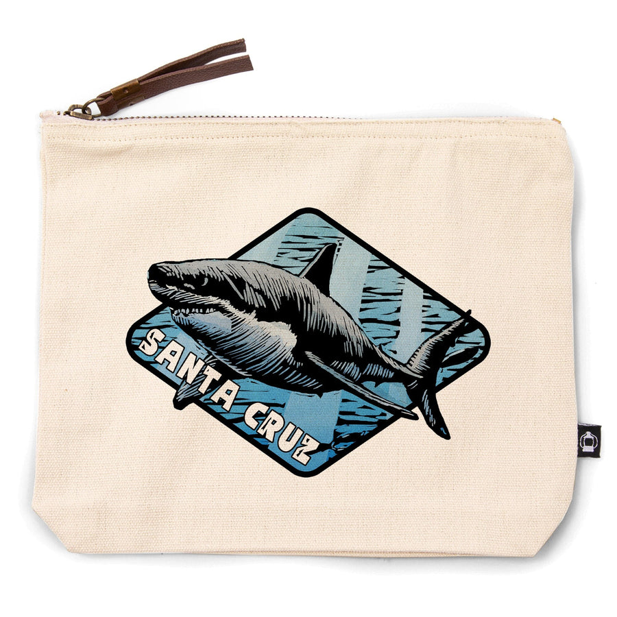 Santa Cruz, California, Great White Shark, Scratchboard,, Organic Cotton Zipper Pouch, Go Bag Go Bag Lantern Press 