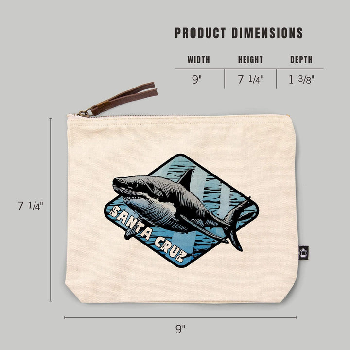 Santa Cruz, California, Great White Shark, Scratchboard,, Organic Cotton Zipper Pouch, Go Bag Go Bag Lantern Press 