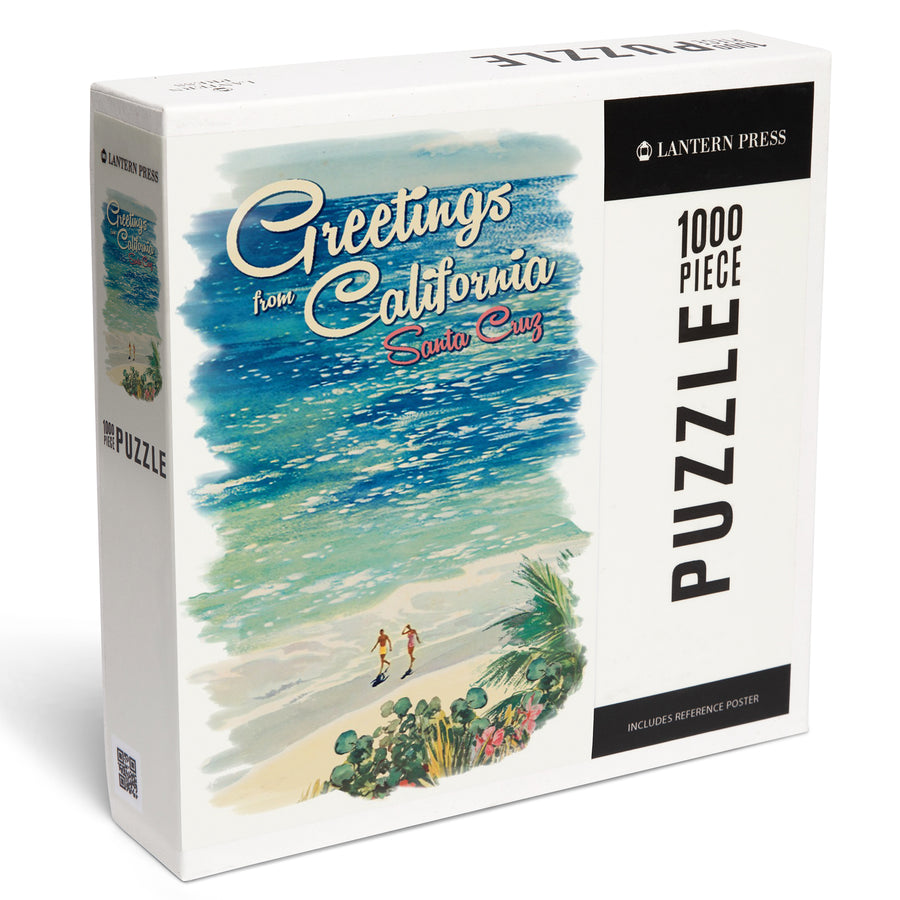 Santa Cruz, California, Greetings from California, Beach Scene with Vignette, Jigsaw Puzzle Puzzle Lantern Press 