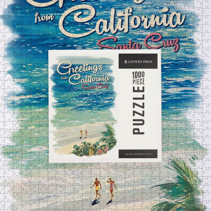 Santa Cruz, California, Greetings from California, Beach Scene with Vignette, Jigsaw Puzzle Puzzle Lantern Press 