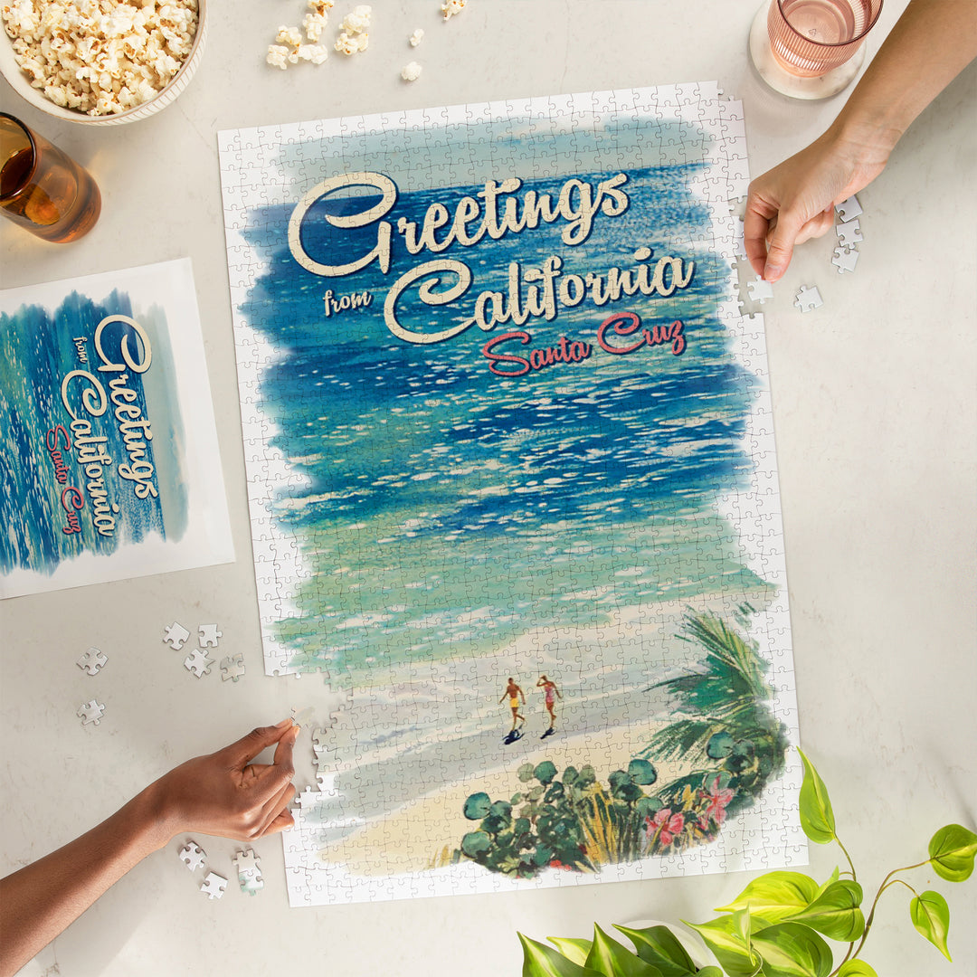 Santa Cruz, California, Greetings from California, Beach Scene with Vignette, Jigsaw Puzzle Puzzle Lantern Press 