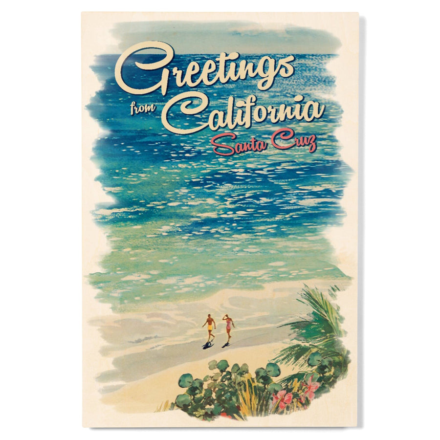 Santa Cruz, California, Greetings from California, Beach Scene with Vignette, Lantern Press Artwork, Wood Signs and Postcards Wood Lantern Press 