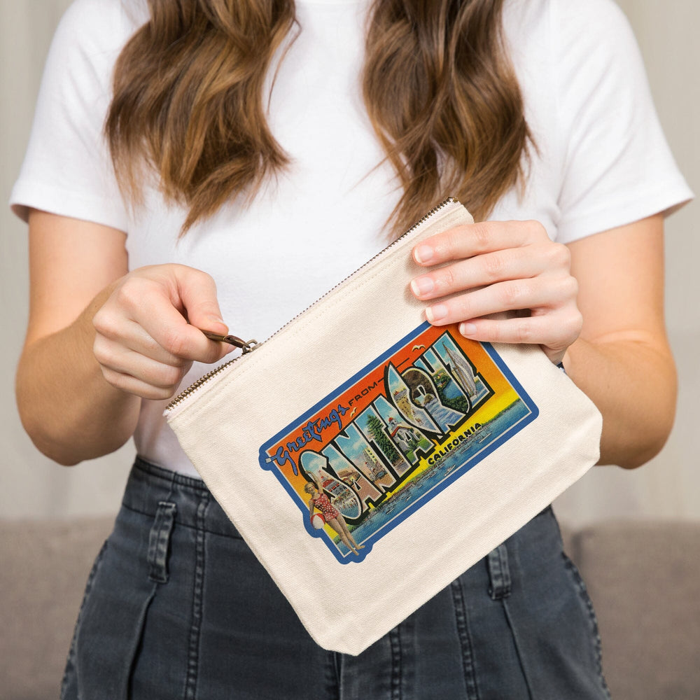 Santa Cruz, California, Greetings,, Organic Cotton Zipper Pouch, Go Bag Go Bag Lantern Press 