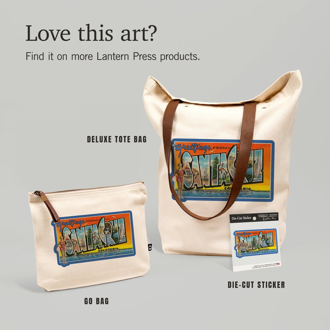 Santa Cruz, California, Greetings,, Organic Cotton Zipper Pouch, Go Bag Go Bag Lantern Press 