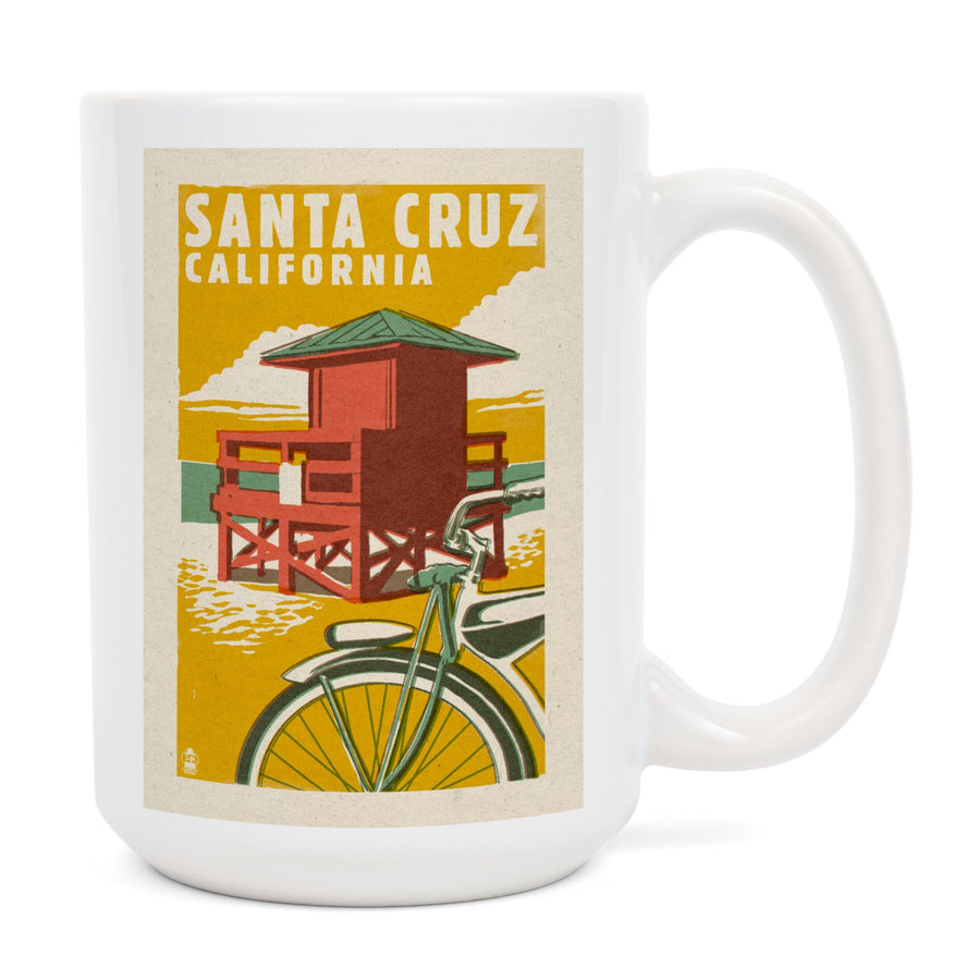 Santa Cruz, California, Lifeguard Tower, Woodblock, Ceramic Mug Mugs Lantern Press 