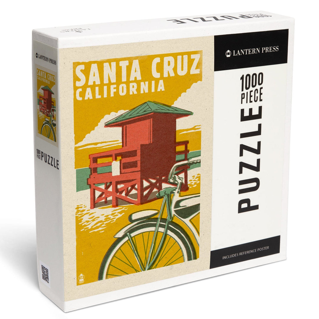 Santa Cruz, California, Lifeguard Tower, Woodblock, Jigsaw Puzzle Puzzle Lantern Press 