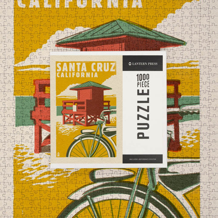 Santa Cruz, California, Lifeguard Tower, Woodblock, Jigsaw Puzzle Puzzle Lantern Press 