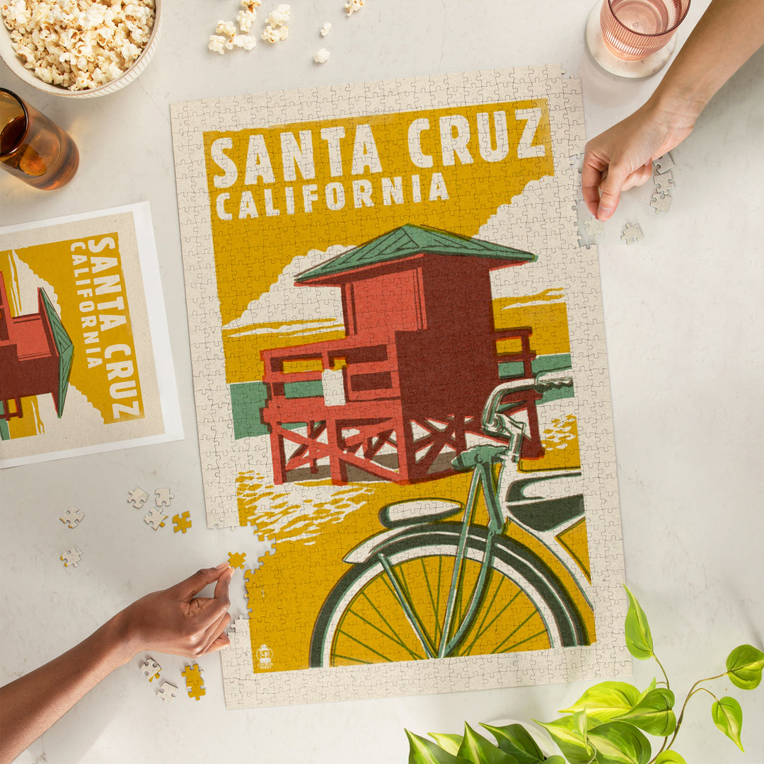 Santa Cruz, California, Lifeguard Tower, Woodblock, Jigsaw Puzzle Puzzle Lantern Press 