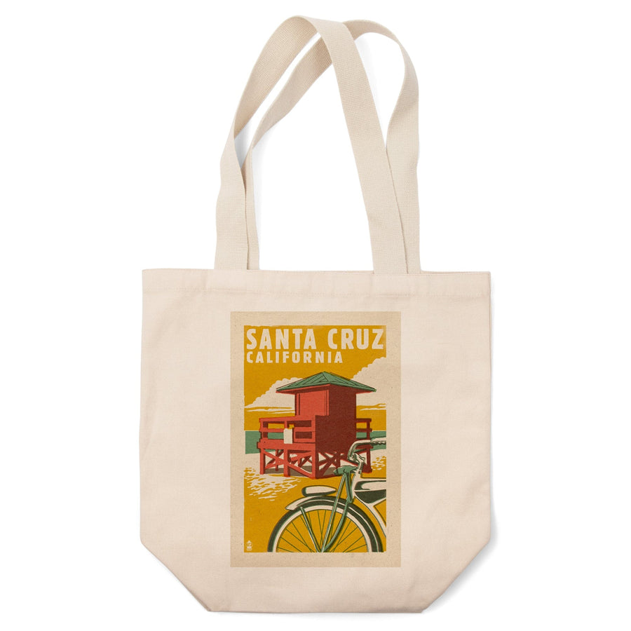 Santa Cruz, California, Lifeguard Tower, Woodblock, Lantern Press Artwork, Tote Bag Totes Lantern Press 