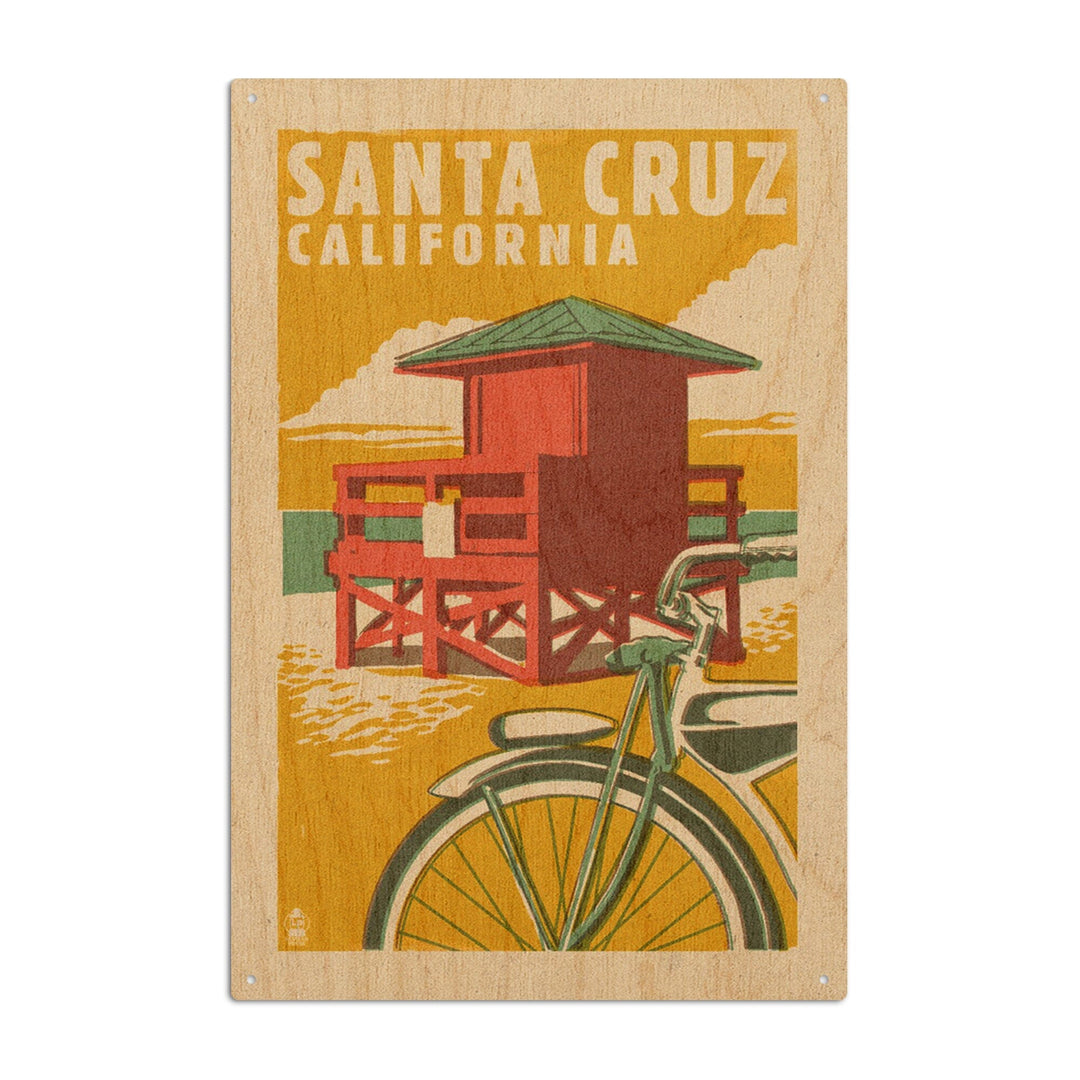 Santa Cruz, California, Lifeguard Tower, Woodblock, Lantern Press Artwork, Wood Signs and Postcards Wood Lantern Press 10 x 15 Wood Sign 