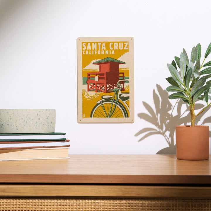 Santa Cruz, California, Lifeguard Tower, Woodblock, Lantern Press Artwork, Wood Signs and Postcards Wood Lantern Press 
