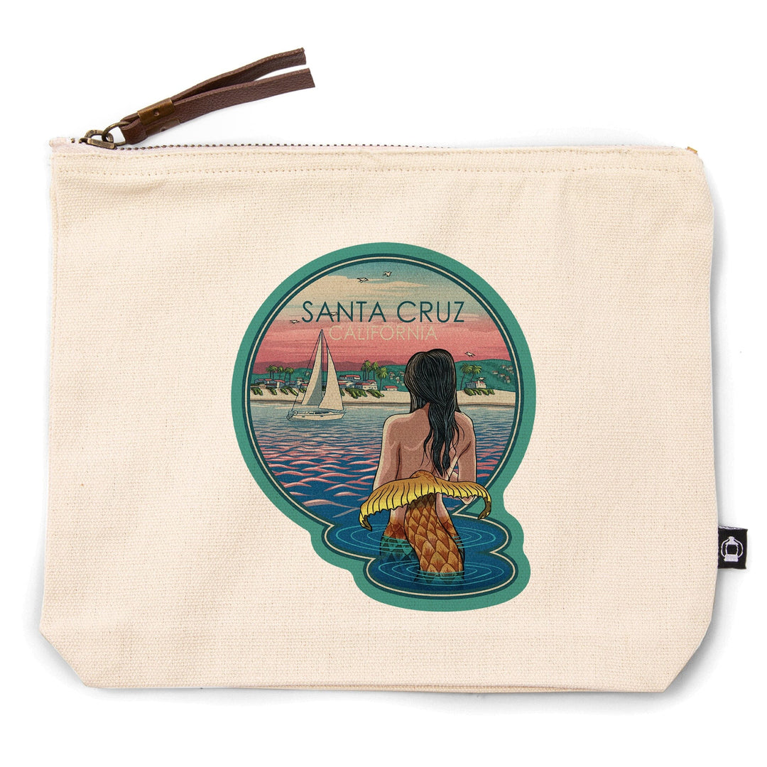 Santa Cruz, California, Mermaid and Beach,, Organic Cotton Zipper Pouch, Go Bag Go Bag Lantern Press 