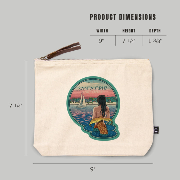 Santa Cruz, California, Mermaid and Beach,, Organic Cotton Zipper Pouch, Go Bag Go Bag Lantern Press 