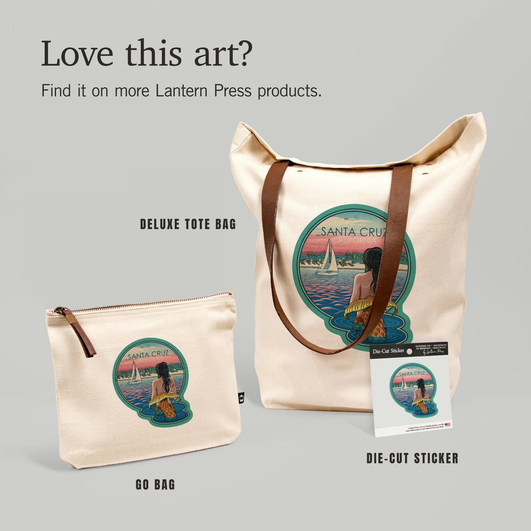 Santa Cruz, California, Mermaid and Beach,, Organic Cotton Zipper Pouch, Go Bag Go Bag Lantern Press 