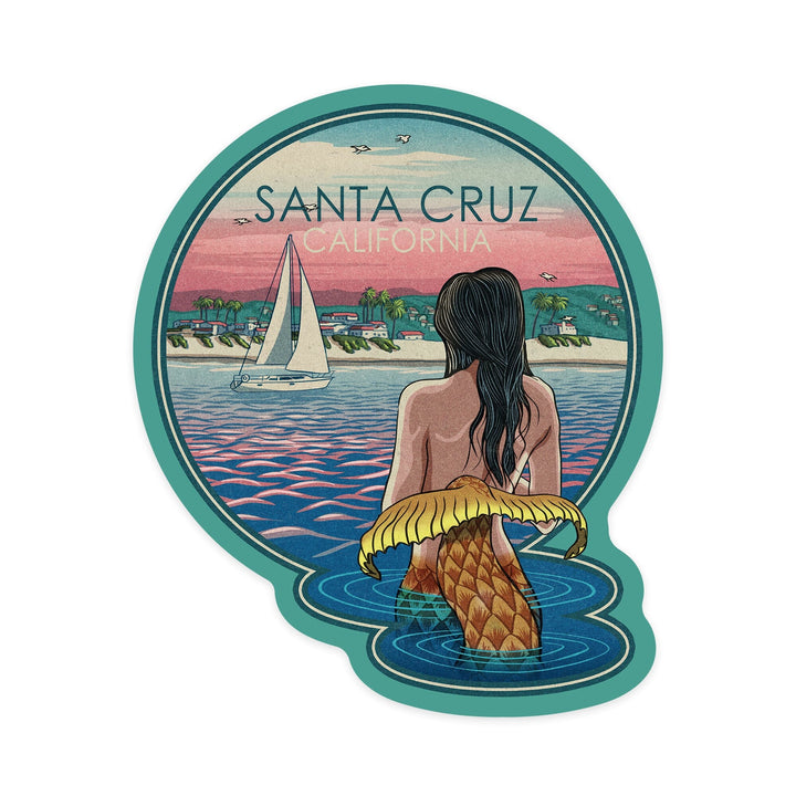 Santa Cruz, California, Mermaid & Beach, Contour, Lantern Press Artwork, Vinyl Sticker Sticker Lantern Press 