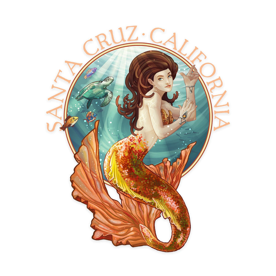 Santa Cruz, California, Mermaid, Contour, Lantern Press Artwork, Vinyl Sticker Sticker Lantern Press 