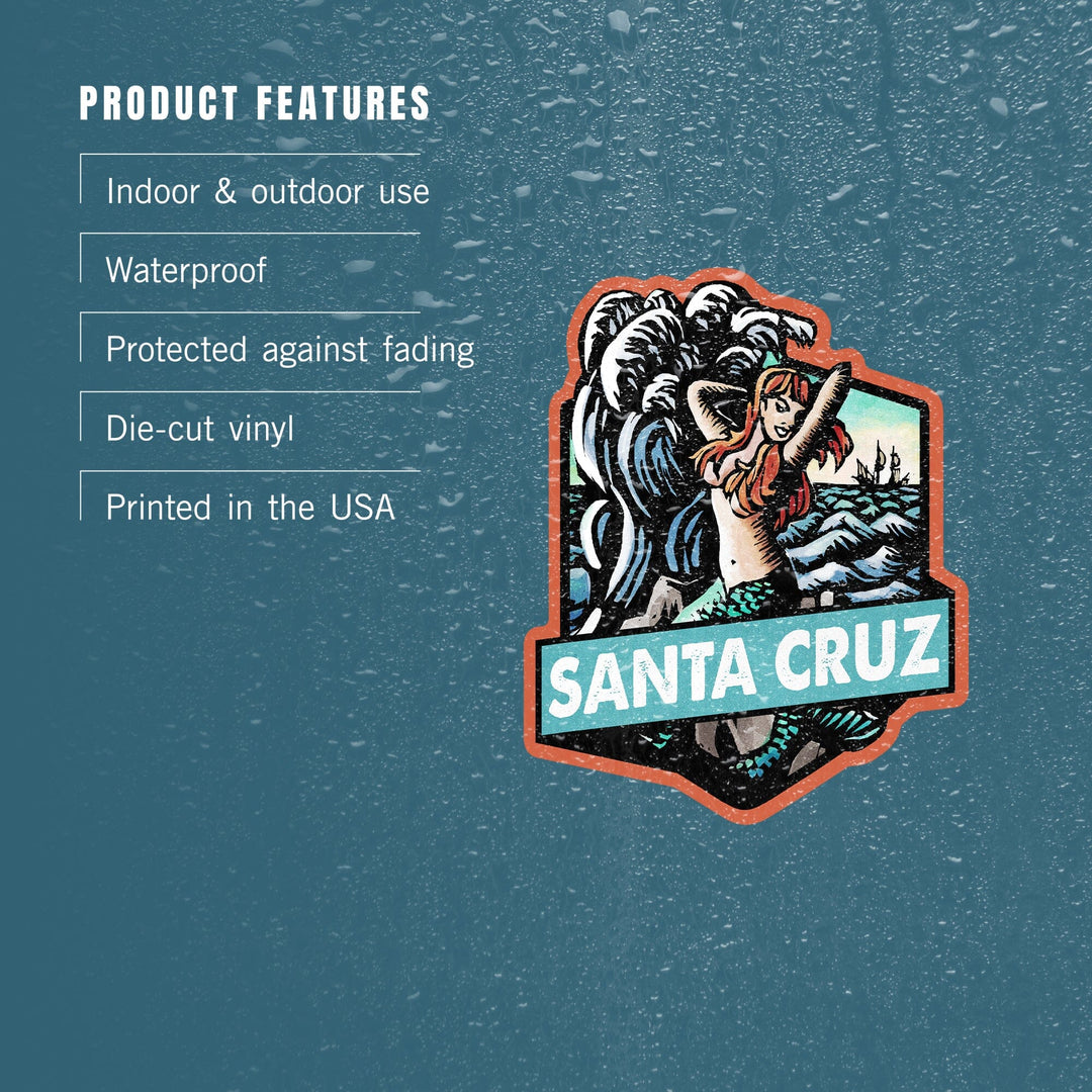 Santa Cruz, California, Mermaid, Scratchboard, Contour, Lantern Press Artwork, Vinyl Sticker Sticker Lantern Press 