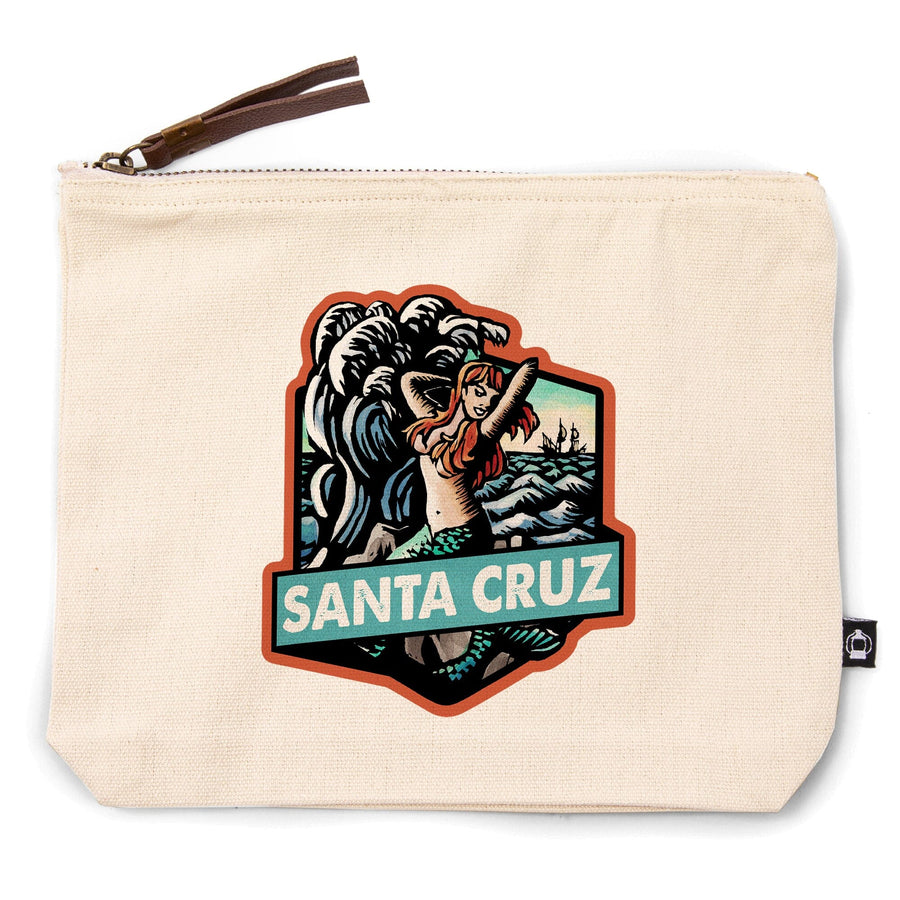 Santa Cruz, California, Mermaid, Scratchboard,, Organic Cotton Zipper Pouch, Go Bag Go Bag Lantern Press 