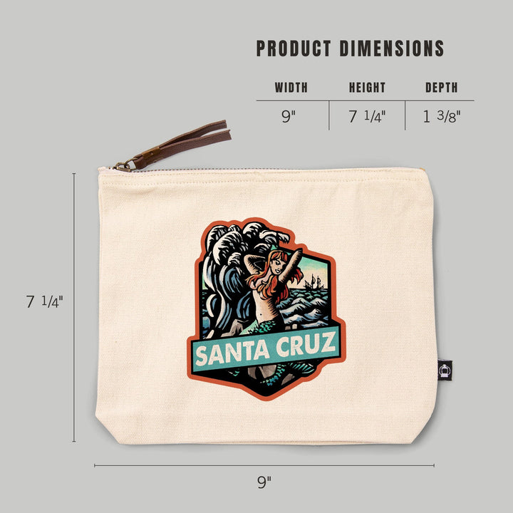 Santa Cruz, California, Mermaid, Scratchboard,, Organic Cotton Zipper Pouch, Go Bag Go Bag Lantern Press 