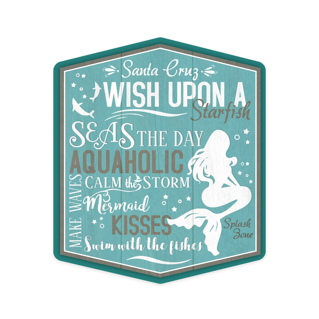 Santa Cruz, California, Mermaid Typography, Contour, Vinyl Sticker Sticker Lantern Press 