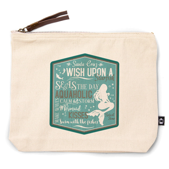 Santa Cruz, California, Mermaid Typography,, Organic Cotton Zipper Pouch, Go Bag Go Bag Lantern Press 