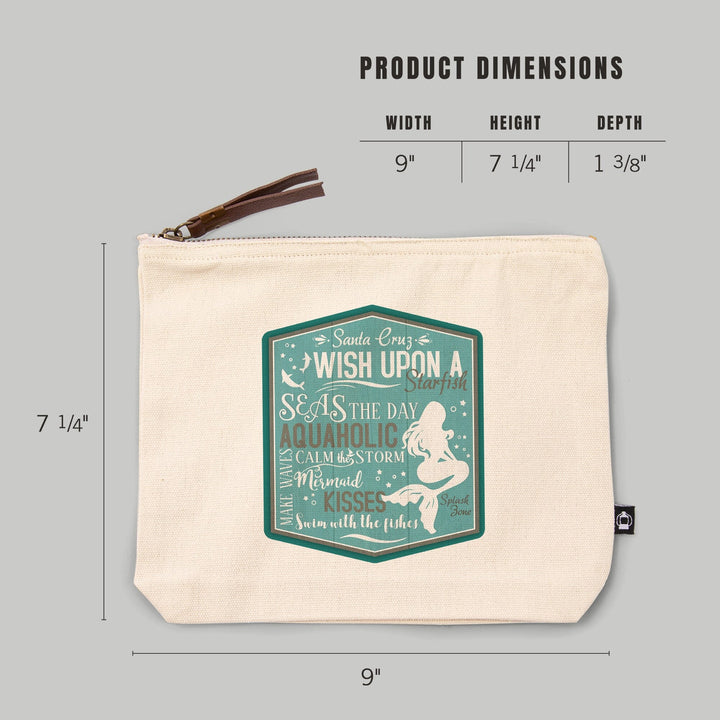 Santa Cruz, California, Mermaid Typography,, Organic Cotton Zipper Pouch, Go Bag Go Bag Lantern Press 