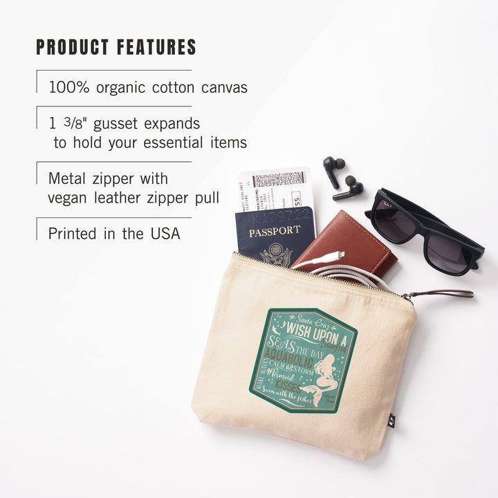 Santa Cruz, California, Mermaid Typography,, Organic Cotton Zipper Pouch, Go Bag Go Bag Lantern Press 
