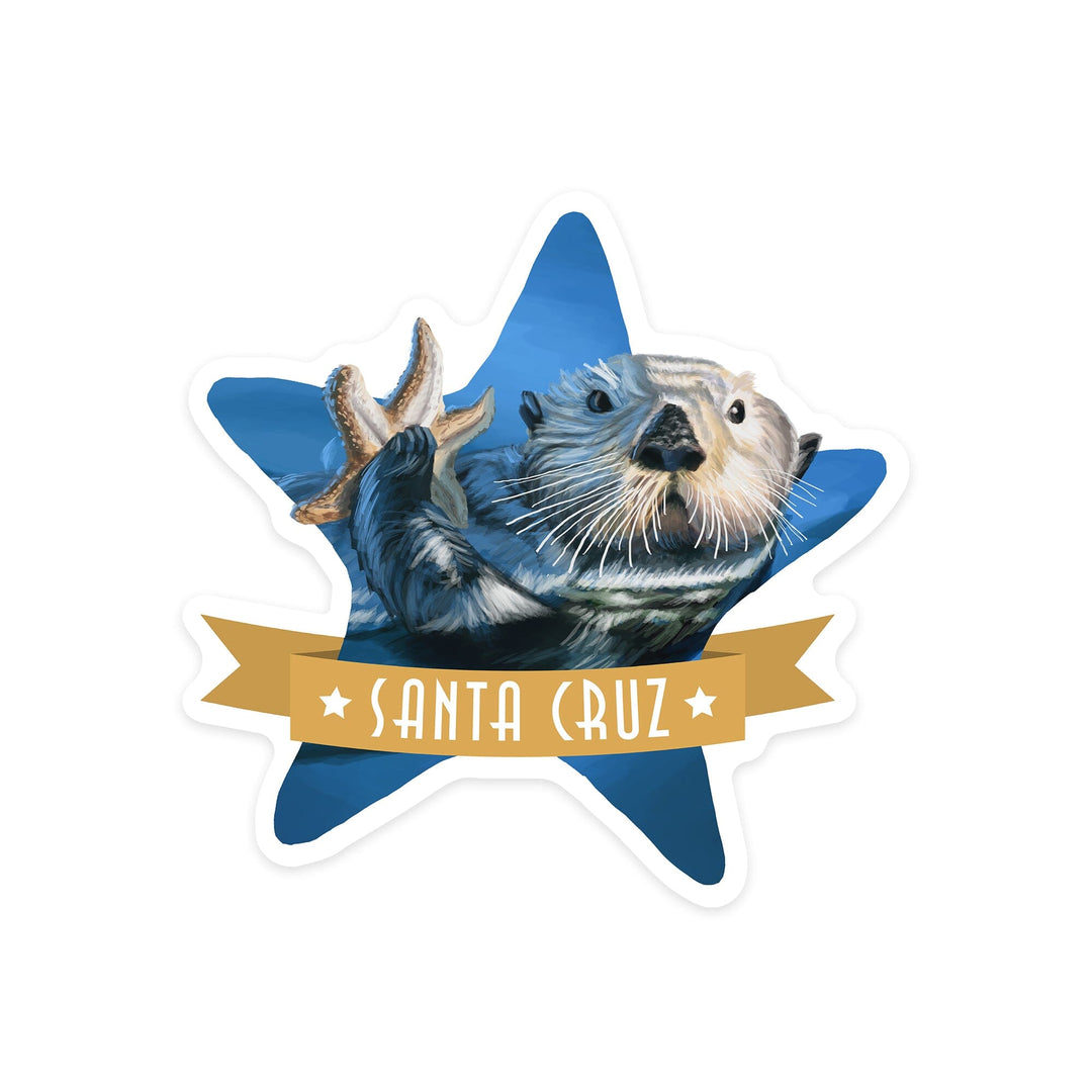 Santa Cruz, California, Otter with Starfish, Contour, Lantern Press Artwork, Vinyl Sticker Sticker Lantern Press 