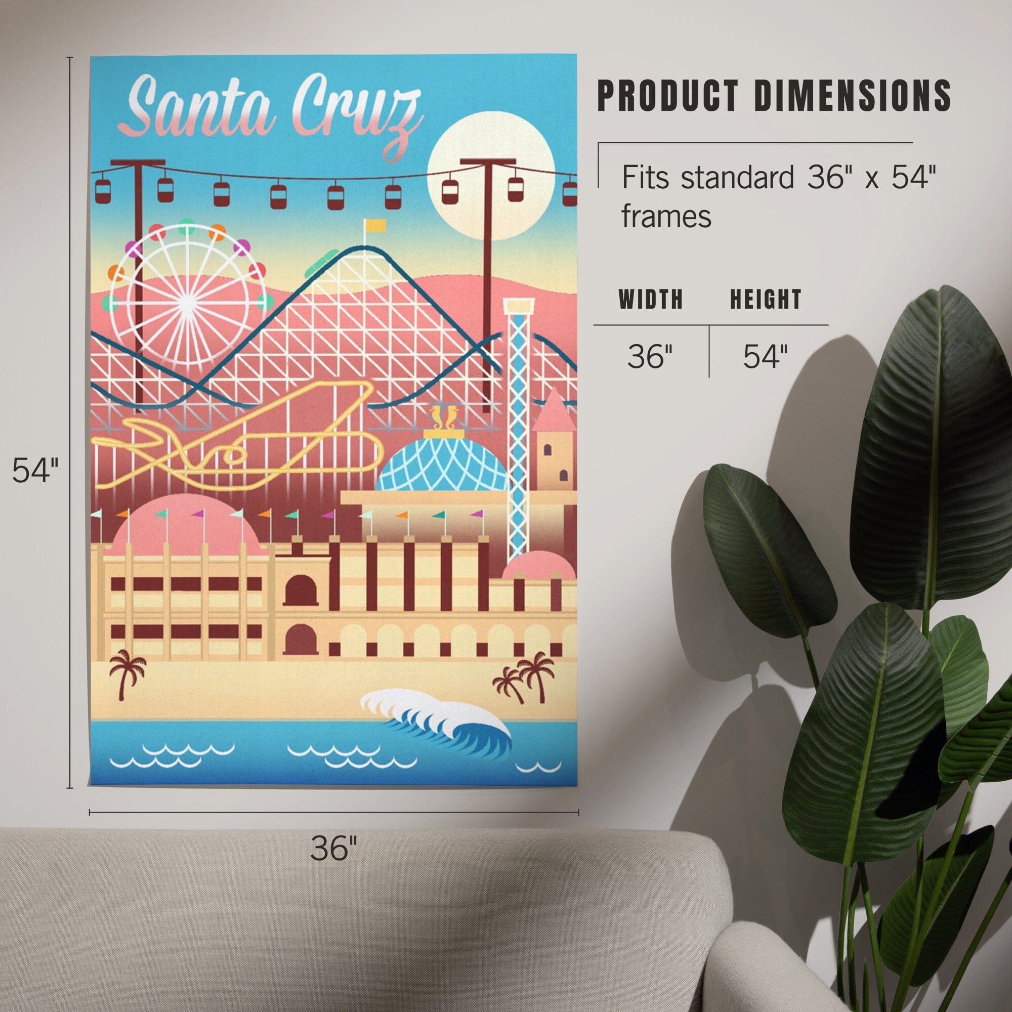 Santa Cruz, California, Retro Skyline, Beach Colors, Art & Giclee Prints