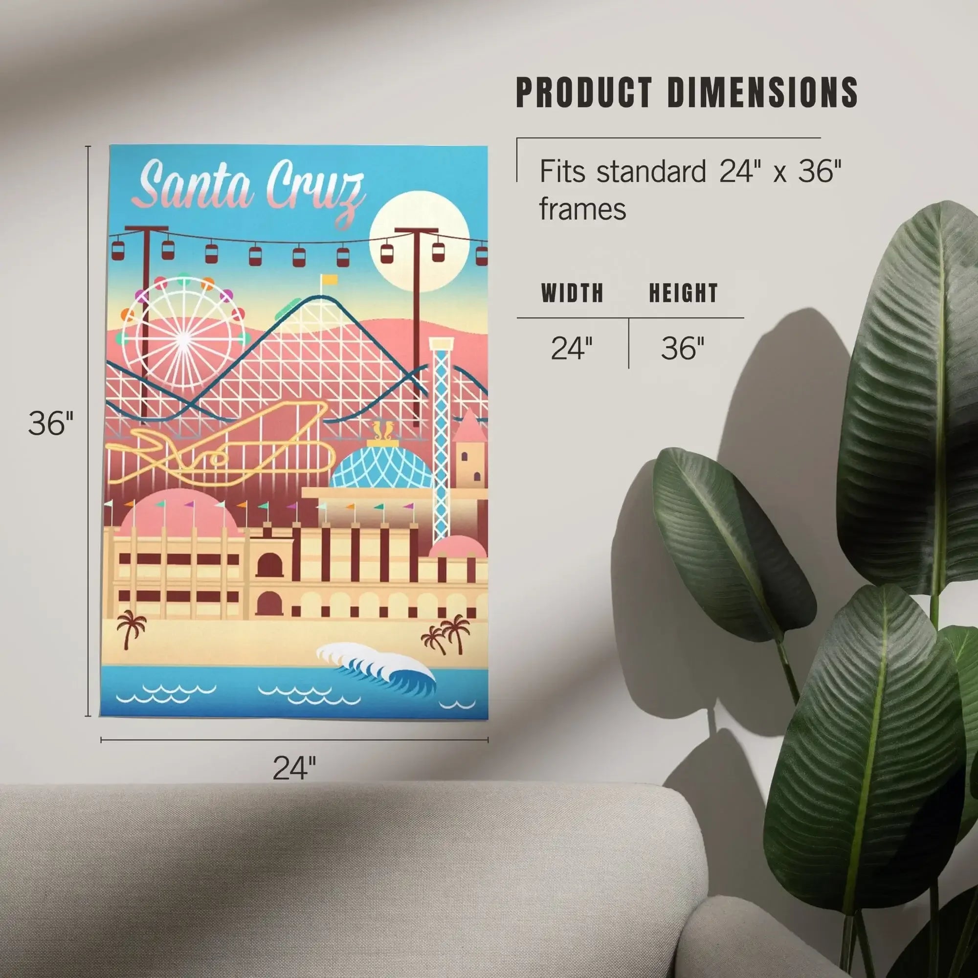 Santa Cruz, California, Retro Skyline, Beach Colors art prints